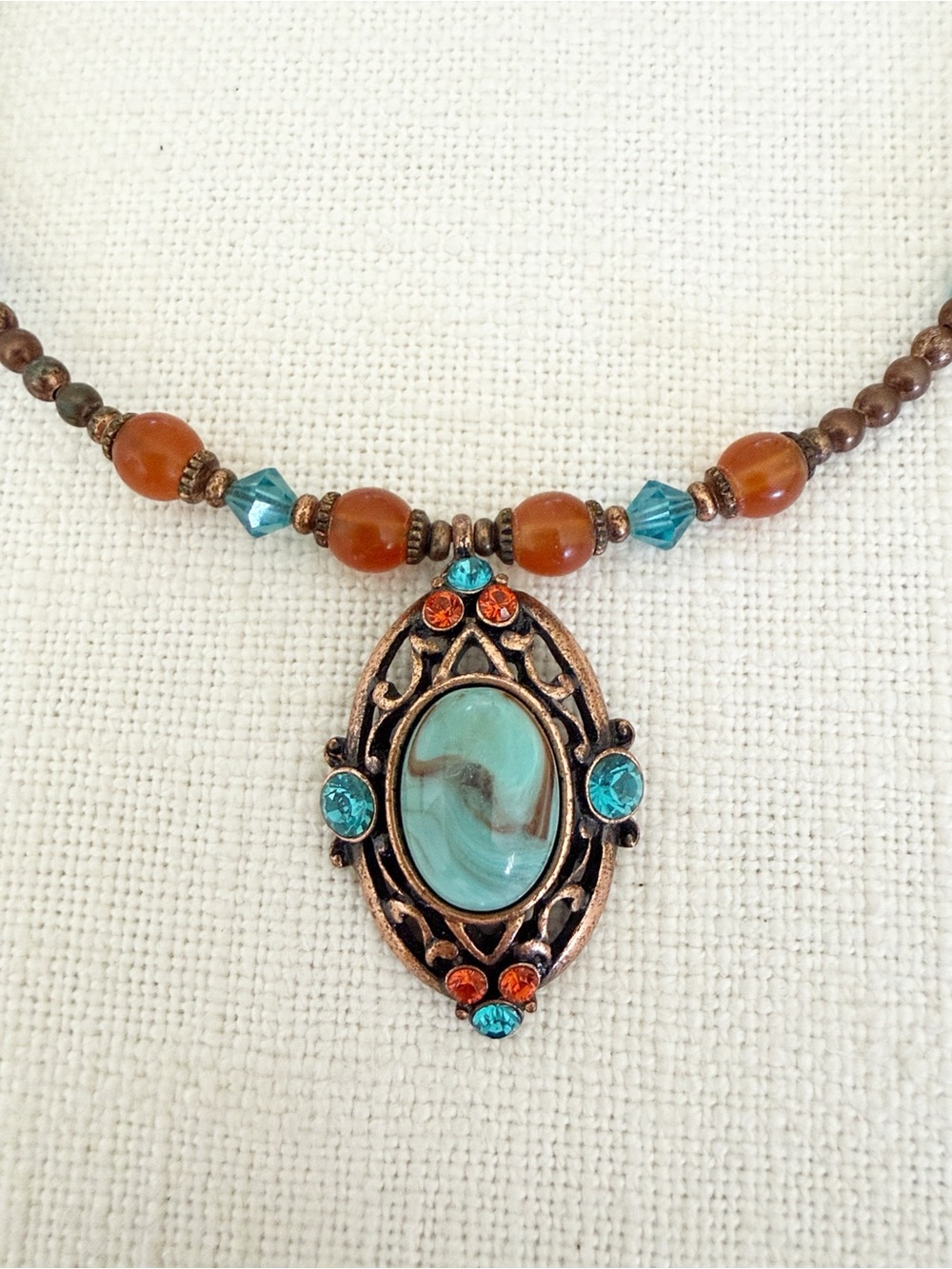 Vintage 90s Western Bohemian Choker Antique Bronze Turquoise & Amber Bead - Picture 4 of 9